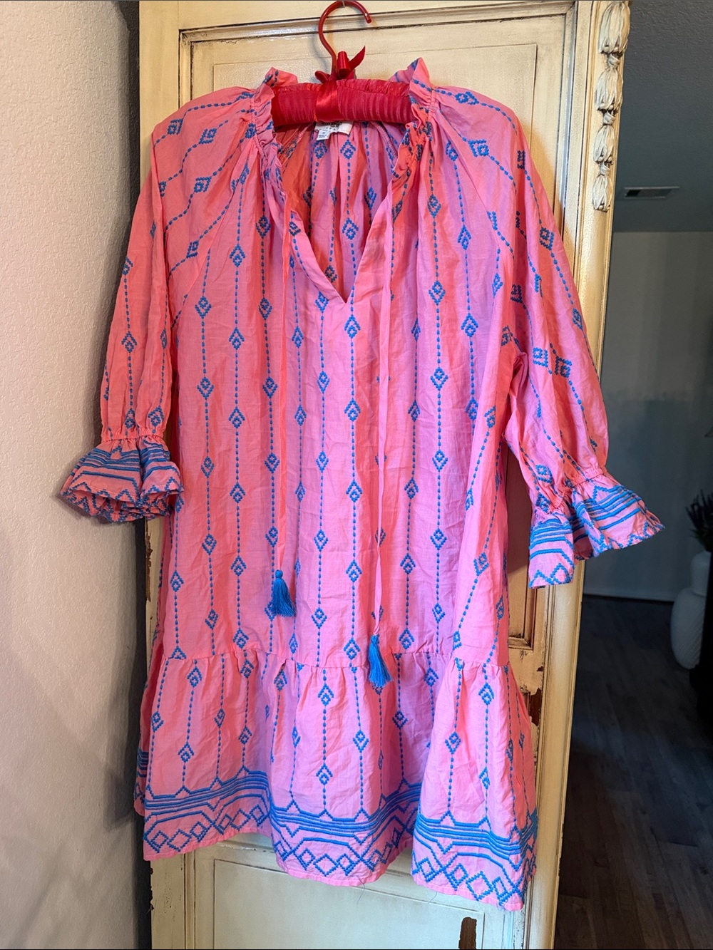 Umgee Pink Mini Dress with Blue Embroidered Trim - Picture 2 of 7